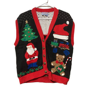 Country Workshop Womens Cardigan Sweater Sleeveless Red Christmas Santa USA M